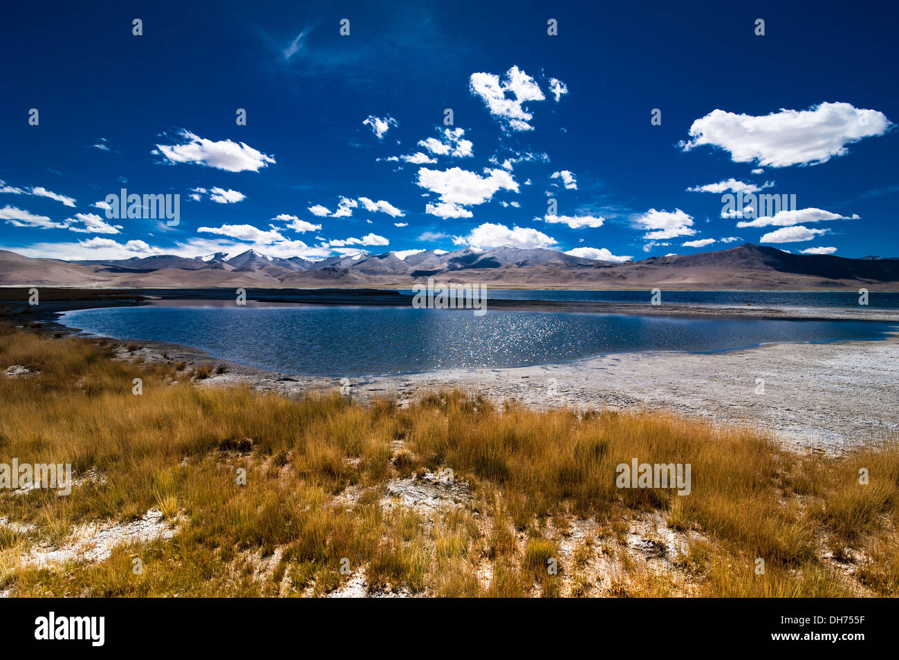 Himalaya Hochgebirge Landschaft Panorama mit Salz See Tso Kar unter blauem Himmel. Indien, Ladakh, Höhe 4600 m Stockfoto