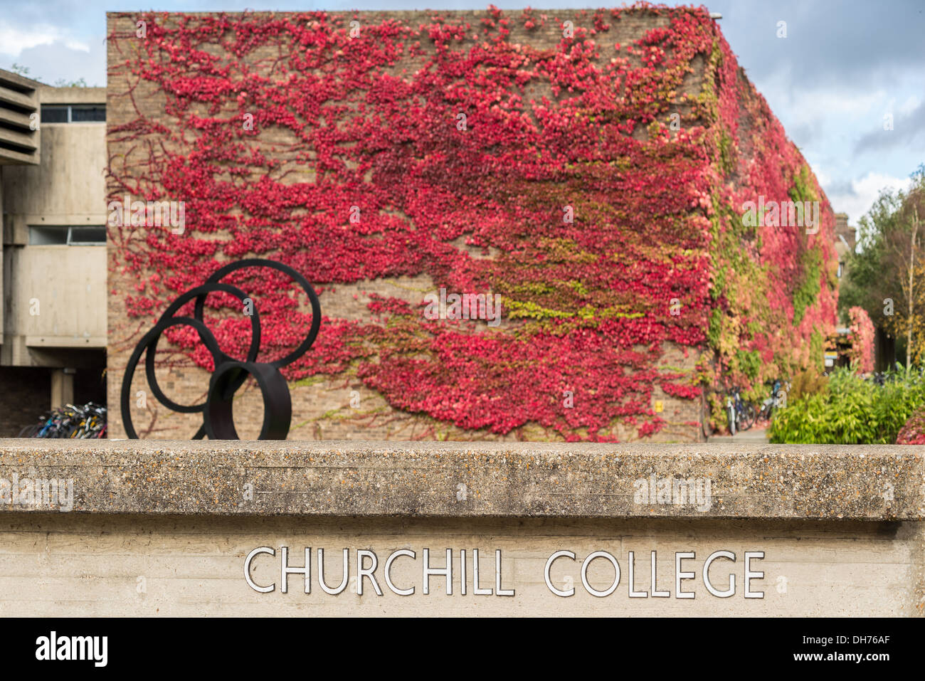 Roter Efeu an der Wand neben dem Eingang des Churchill College der Universität Cambridge, England. Stockfoto