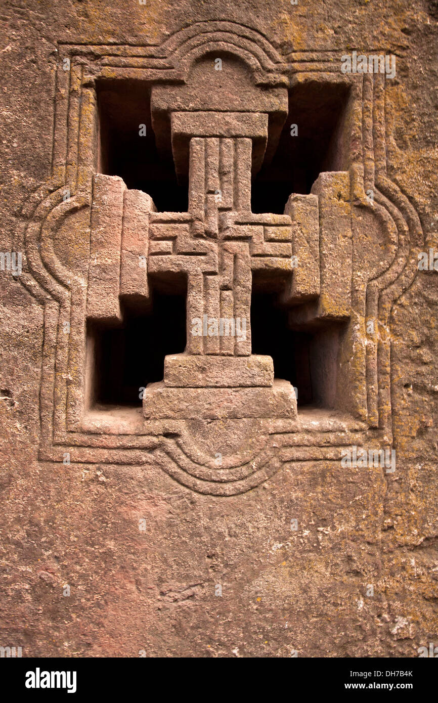 Christliches Kreuz mit Swastik in Lalibela, Äthiopien Stockfoto
