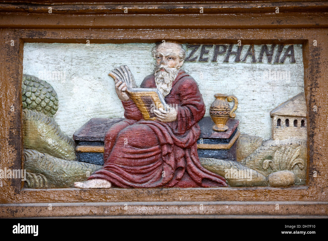 Zefanja, alte Lateinschule, Holzschnitzereien, Alfeld, Deutschland Stockfoto