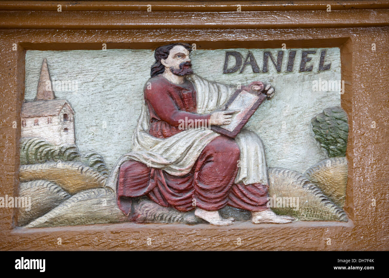 Der Prophet Daniel, 6. Jahrhundert v. Chr. alte Lateinschule, Holzschnitzereien, Alfeld, Deutschland Stockfoto