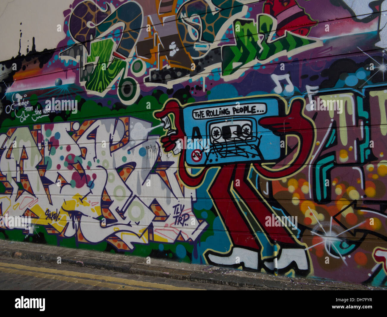 Graffiti auf den Straßen in der Nähe von Brick Lane, East London, UK Stockfoto