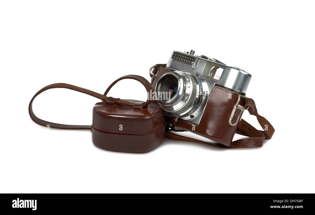 Vintage-Kamera mit Lederbox isoliert auf weißem Hintergrund Stockfoto
