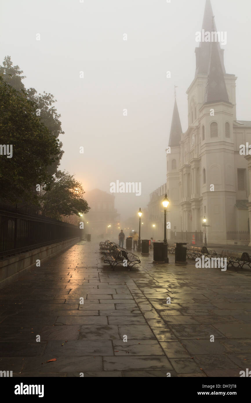 Morgennebel am Jackson Square verdeckt St. Louis Cathedral im French Quarter von New Orleans, Louisiana Stockfoto