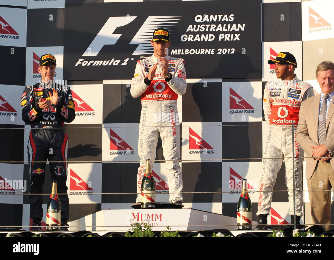 Sebastian Vettel Jenson Button und Lewis Hamilton n Mula One Grand Prix im Albert Park - Rennen Melbourne- Stockfoto