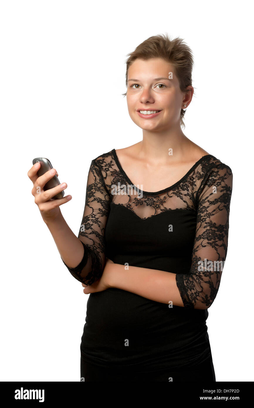Junge Frau im Abendkleid mit Handy, isoliert auf weißem Hintergrund Stockfoto