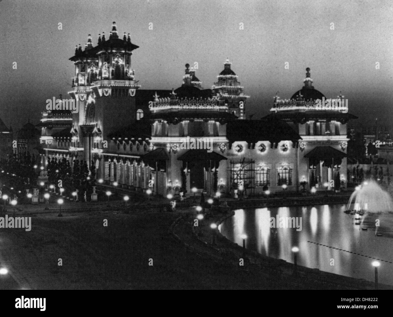 Strom-Gebäude - Nachtansicht auf der Pan-American Exposition, Buffalo, N.Y., 1901. Stockfoto