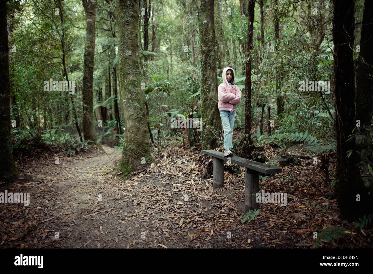 Mädchen steht auf Bank im Urwald, Neuseeland. Stockfoto