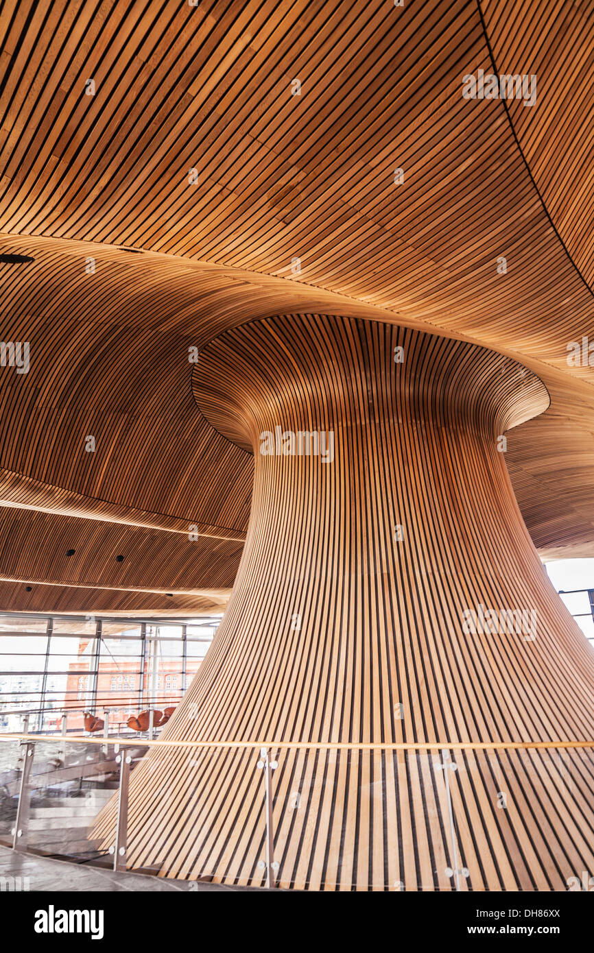 Die Holzdecke und Trichter in den Erker, Teil der walisischen Nationalversammlung Gebäude in Bucht von Cardiff, Wales. Stockfoto