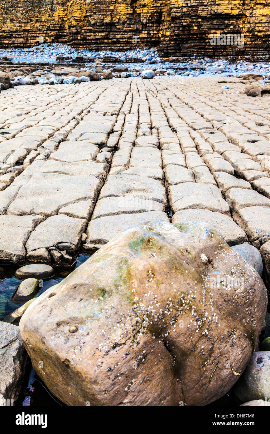 Gesteinsschichten in der Felswand und Strand von Nash Point in Wales. Stockfoto