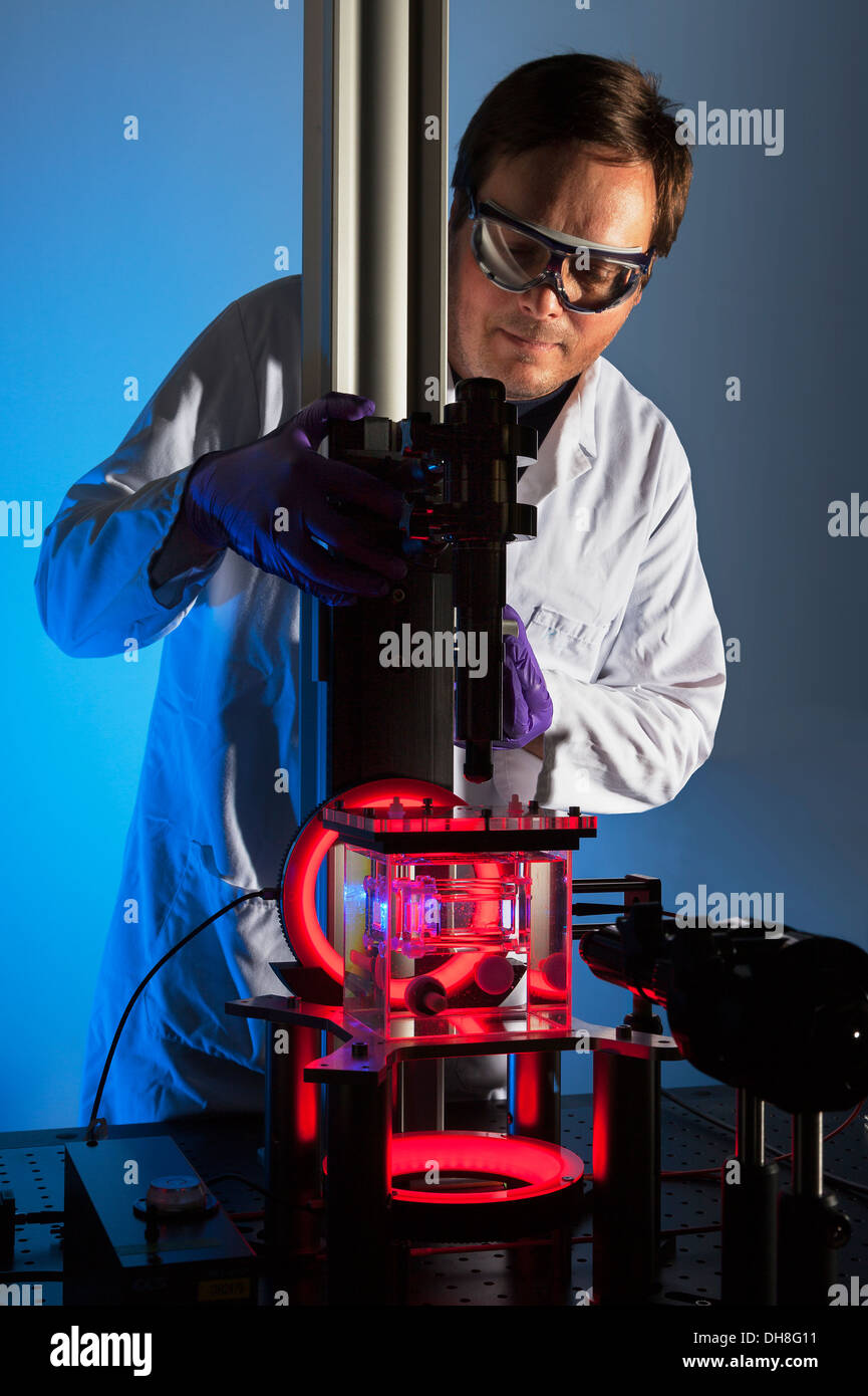 Wissenschaftler und 3D Kammer für die Verfolgung von Schwimmen der einzelnen Zelle Organismen über Phototaxis in Biokraftstoff Energie & Ökologie Forschung Stockfoto