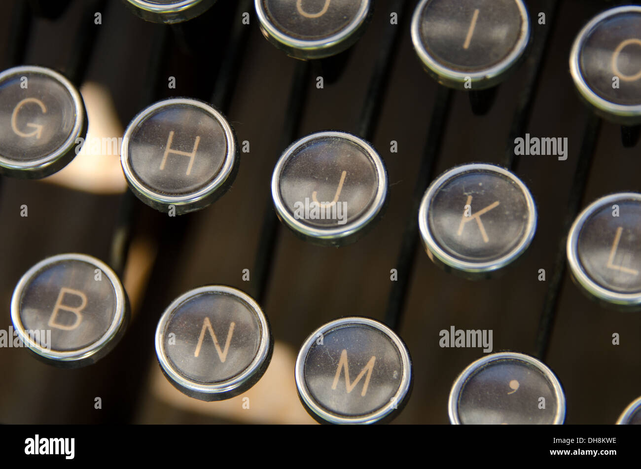 Nahaufnahme einer Vintage Schreibmaschinentastatur. Stockfoto