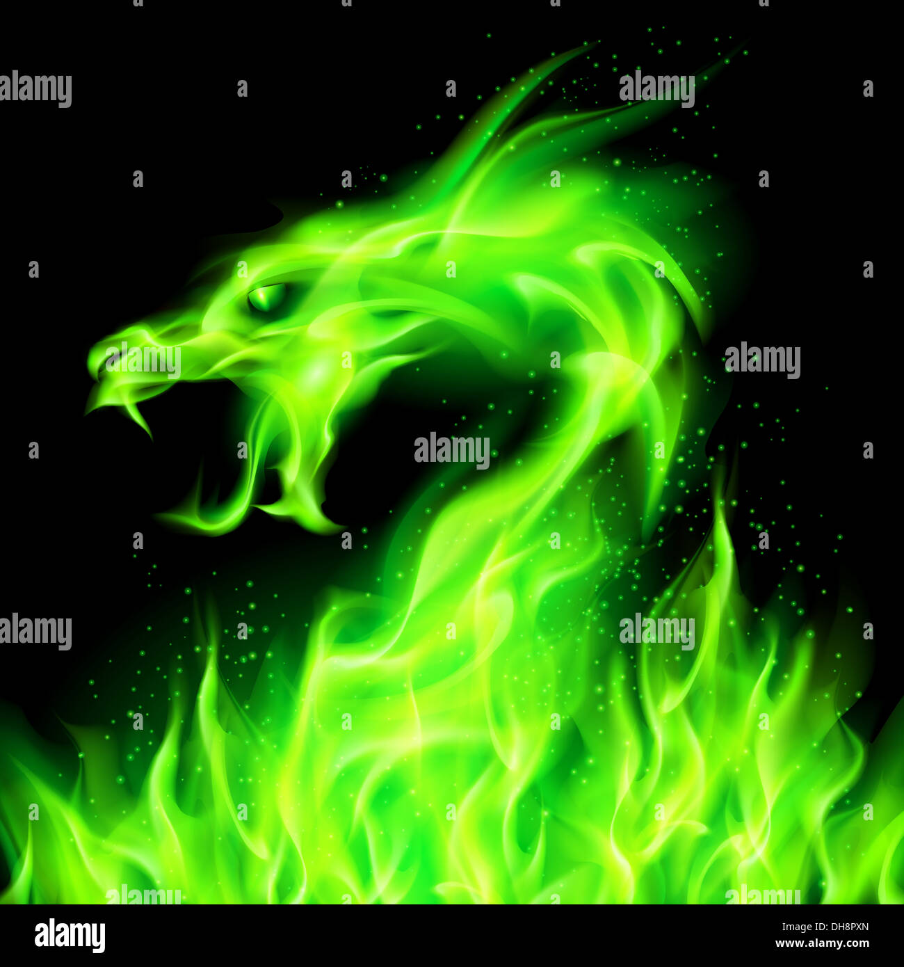 Feuer Spitze der Drache grün auf schwarzem Hintergrund Stockfotografie -  Alamy