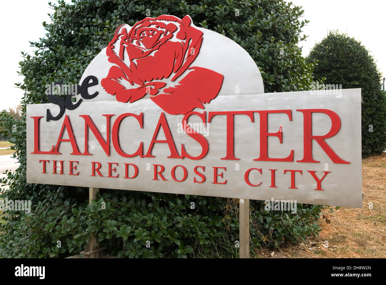 Sehen Sie Lancaster, das Schild „Red Rose City“, South Carolina, USA. Stockfoto