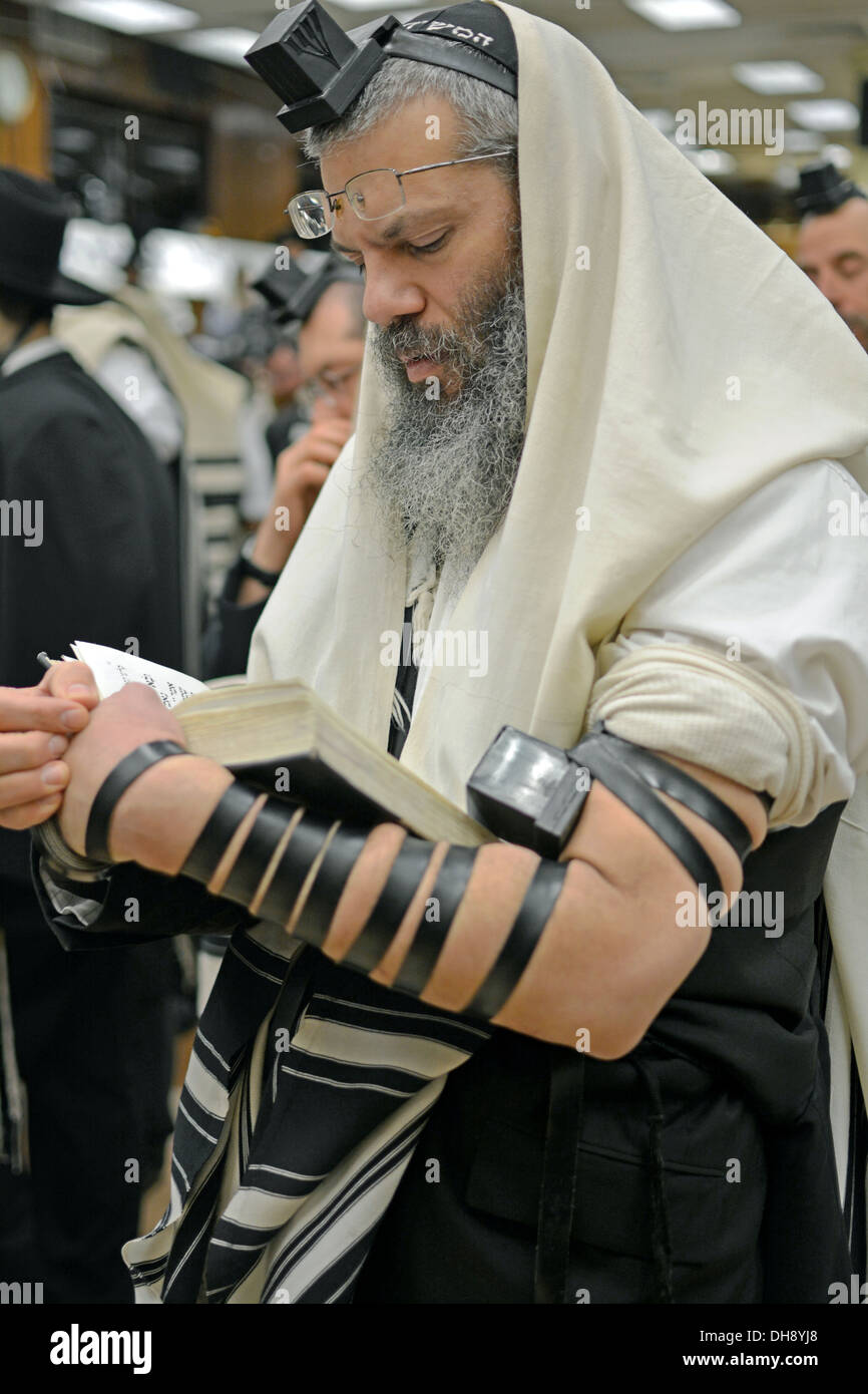 Religiösen jüdischen Mann, der betet tragen Tefillin, Gebetsriemen und einen gebetsschal an einer Synagoge in Brooklyn, New York Stockfoto