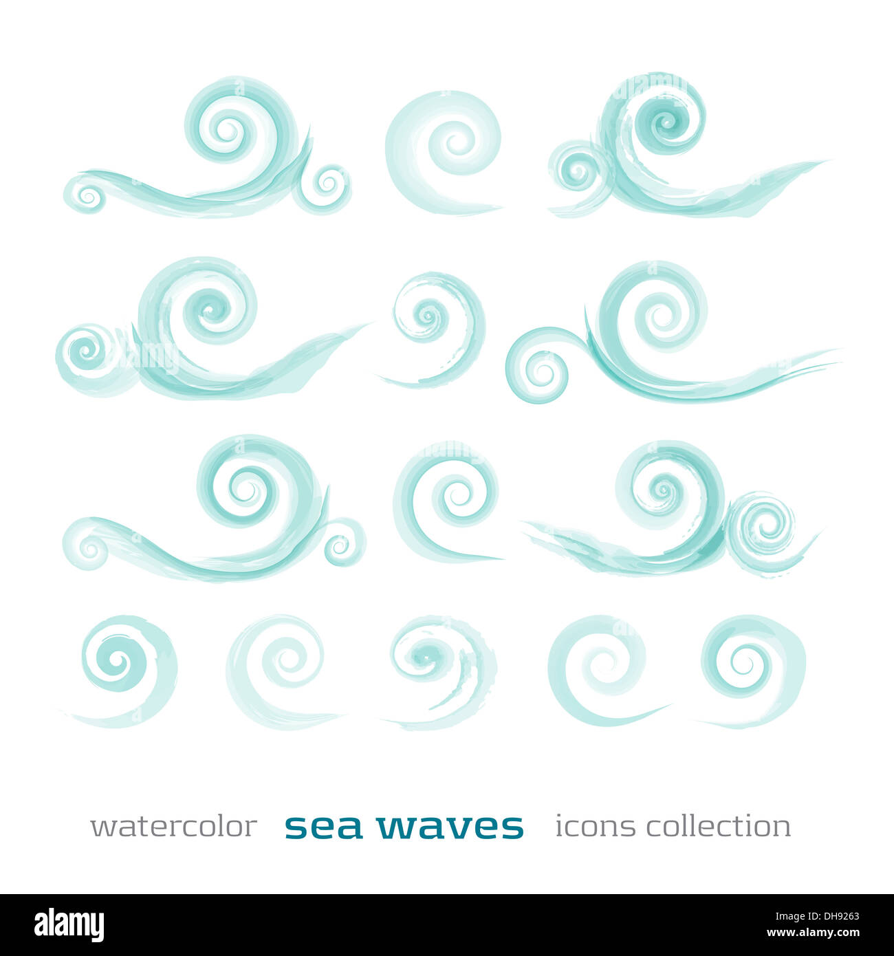 neue Reihe von Meereswellen, die Symbole, die isoliert auf weißem Hintergrund wie Aquarell Icons verwenden können Stockfoto