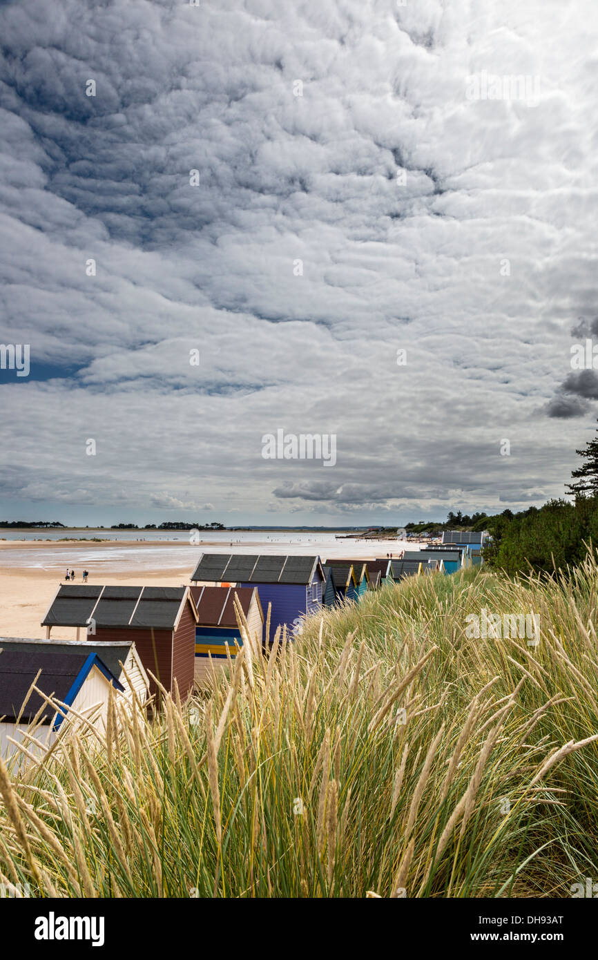 Großen Himmel über den Strandhütten und Sanddüne Gräser an Wells-Next-The-Sea, Norfolk, Großbritannien Stockfoto