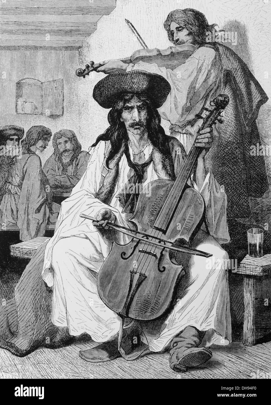 Europa. Zigeuner-Musiker in Ungarn. 1800-1900. Gravur. des 19. Jahrhunderts. Stockfoto