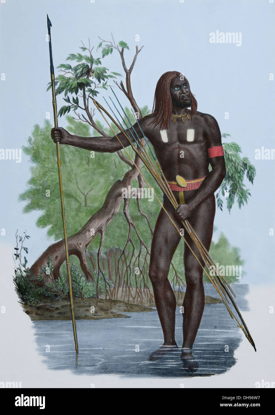 Pazifik-Inseln. Neu-Guinea. Papua-Krieger, C. 1880. Gravur. Spätere Färbung. Stockfoto