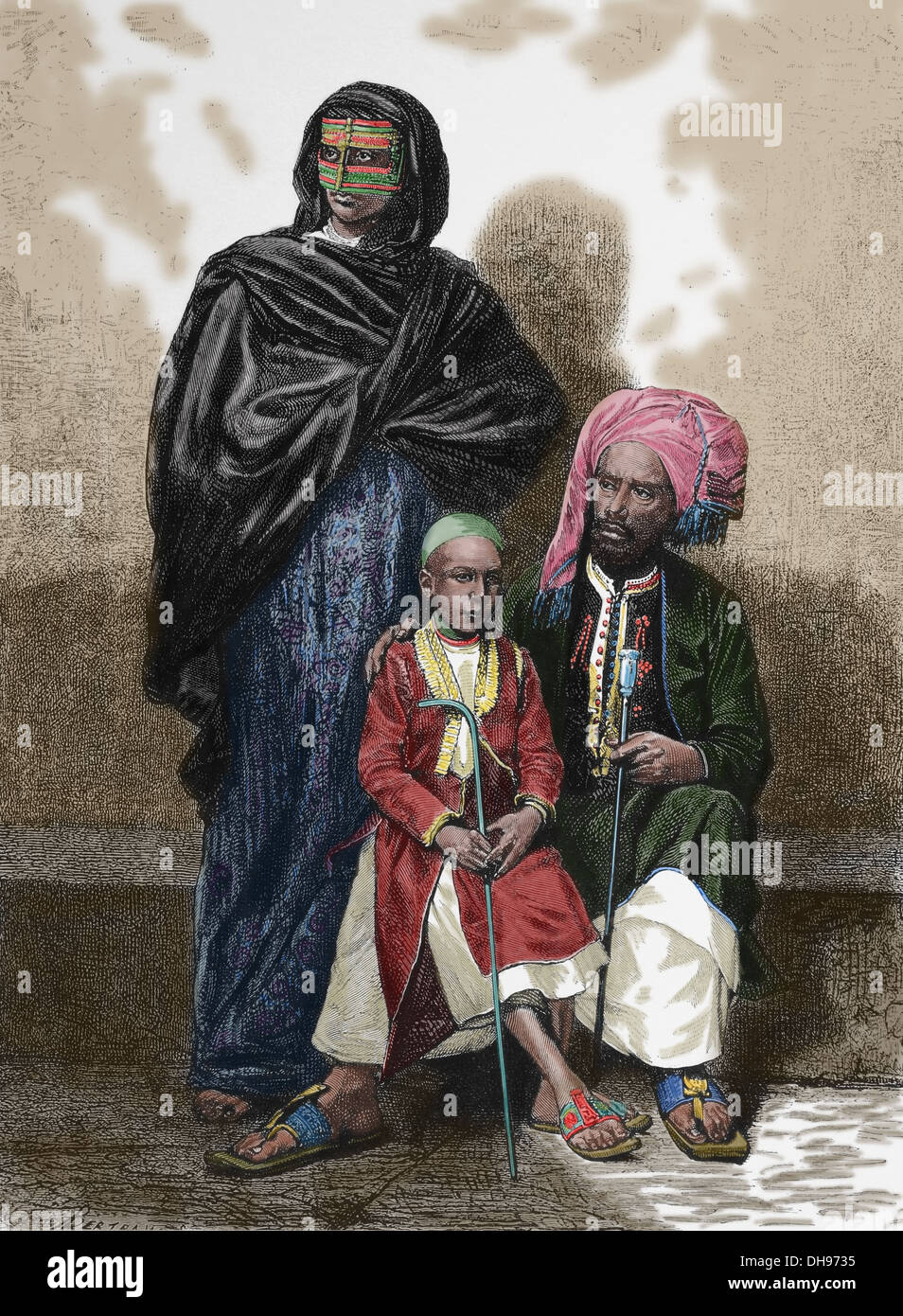Afrika. Zanzibar. Arabische Familie, 1880. Gravur. Spätere Färbung. Stockfoto