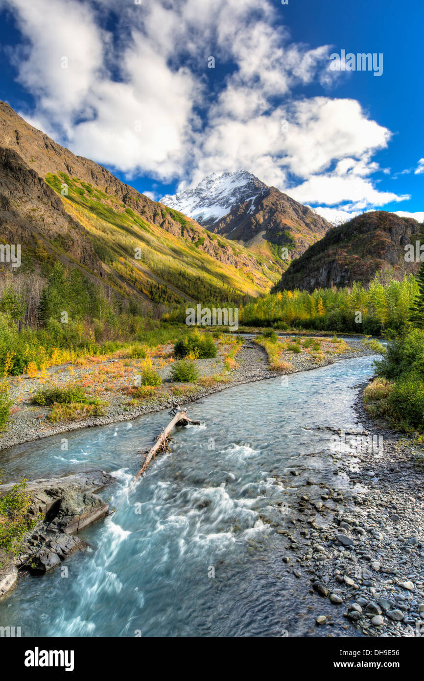 Bäume, die wechselnden Farben entlang der East Fork des Flusses Eklutna aus dem Eklutna Lake Trail im Chugach State Park, Alaska Stockfoto