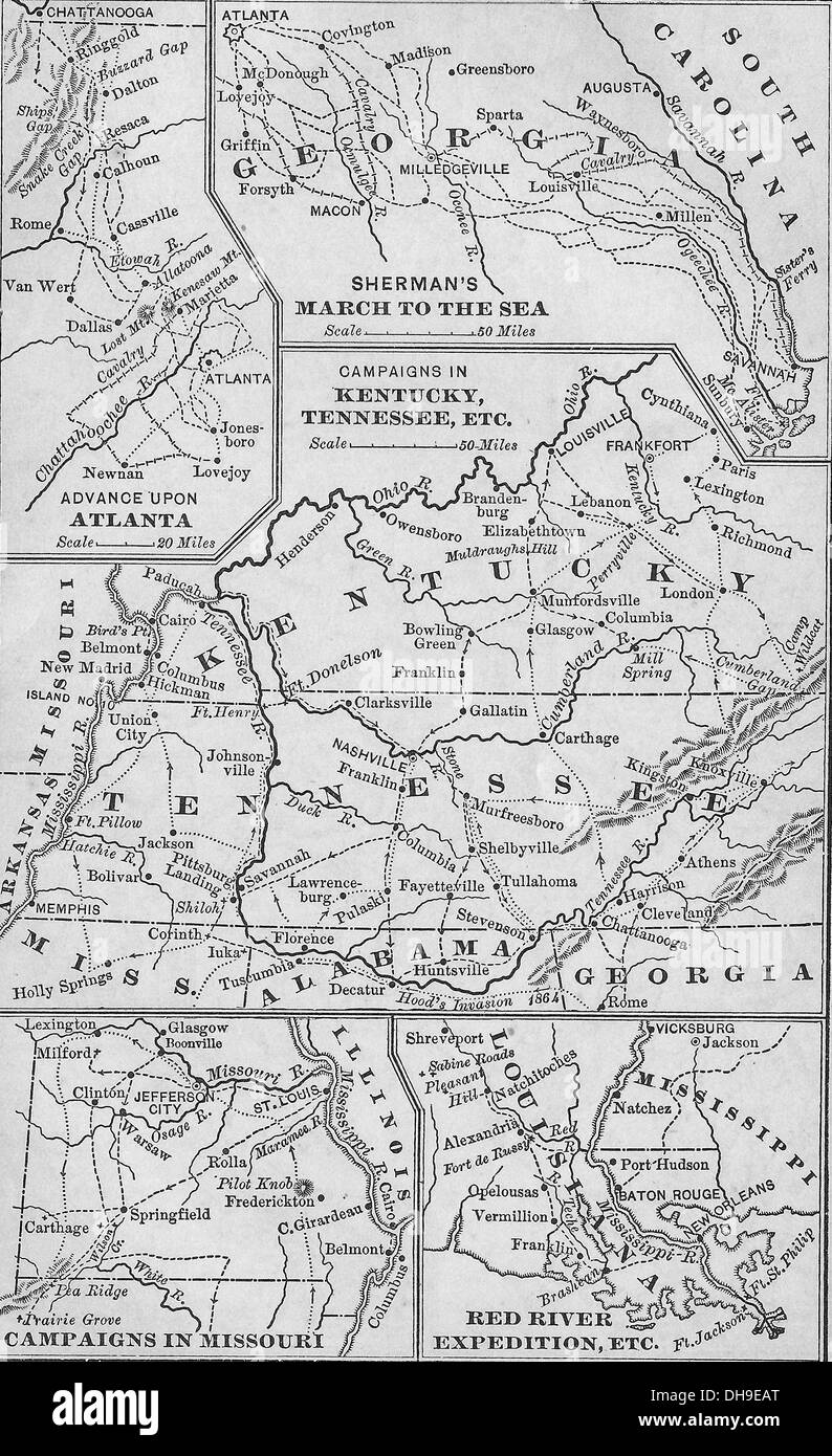 Karte der westlichen Kampagnen in USA Bürgerkrieg Stockfoto
