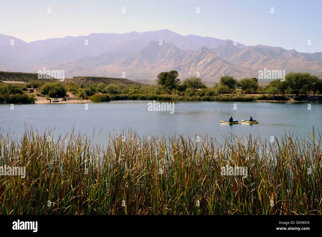 Kajakfahrer durchqueren Roper Lake im Roper Lake State Park in Graham County, Safford, Arizona, USA. Stockfoto