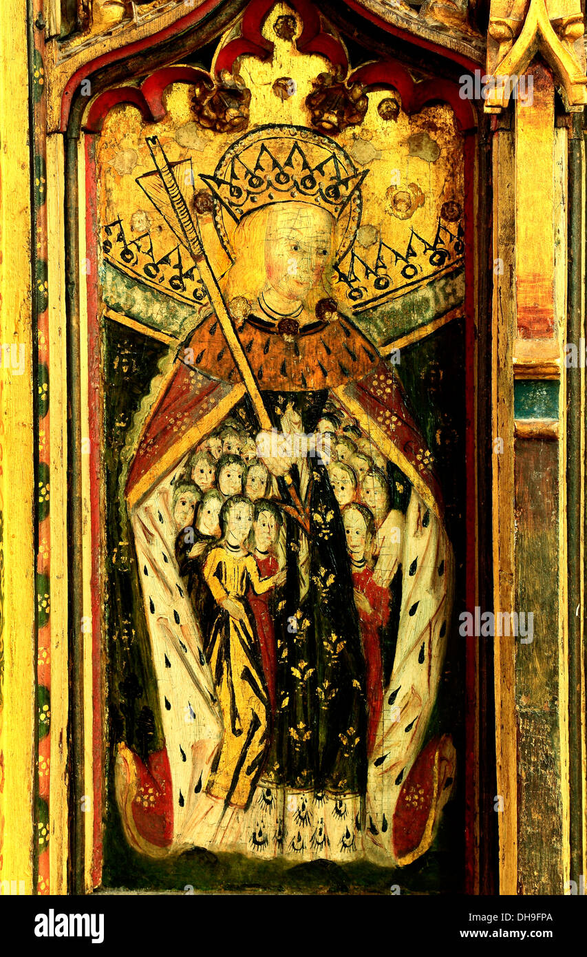 Auge, Suffolk, St. Ursula und die 11.000 Jungfrauen, Heilige mittelalterliche Lettner Malerei Malerei Heiligen England UK Stockfoto