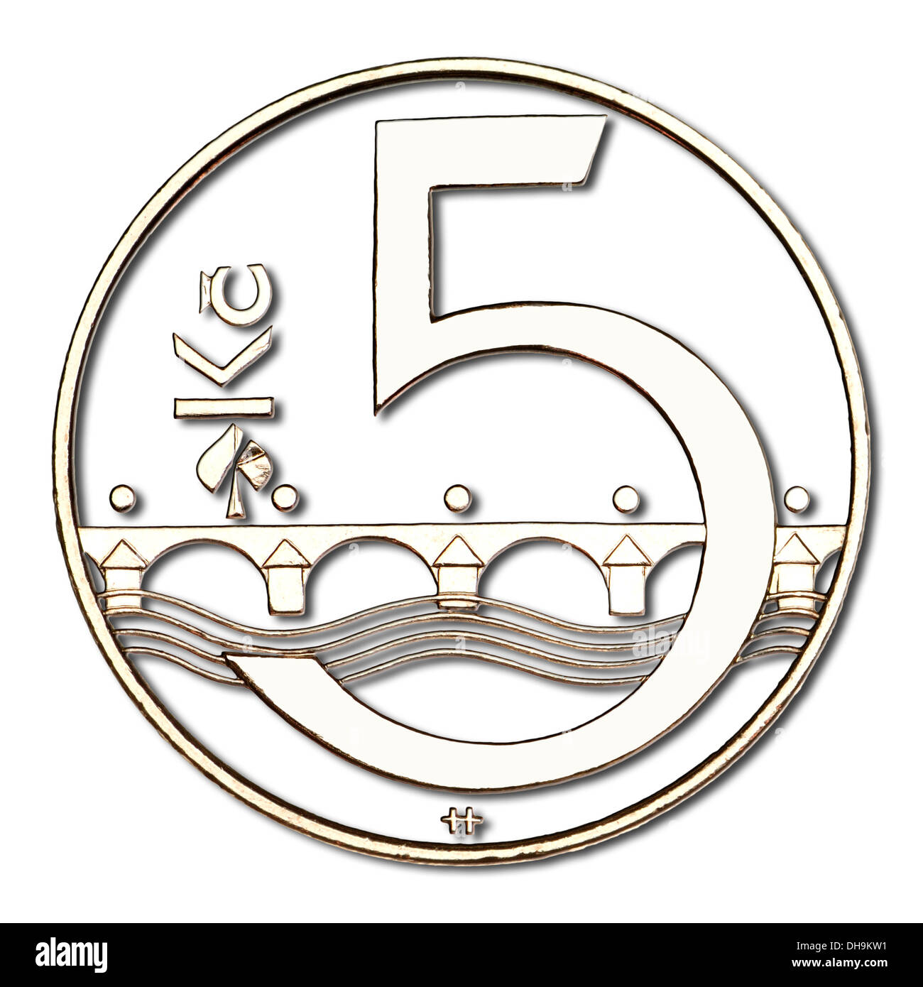 5 Tschechische Krone / 5 Korun Münzen, zeigt stilisiert Karlsbrücke in Prag - Details ausgeschnitten mit Schlagschatten hinzugefügt Stockfoto