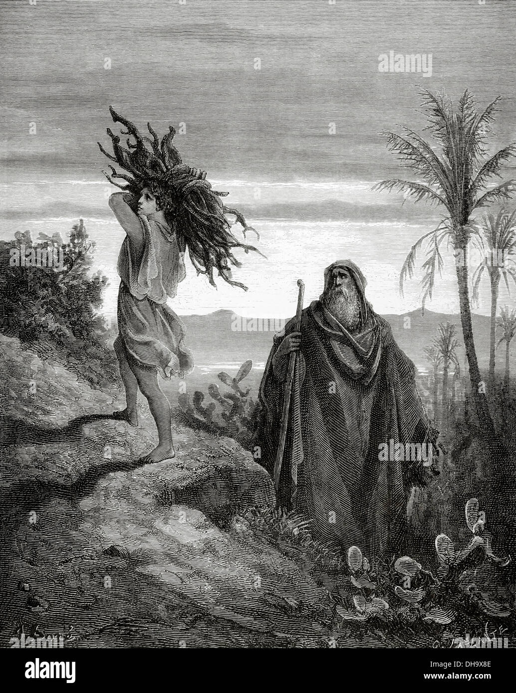 Alten Testament. Buch der Genesis. Abraham und Isaak trägt das Holz für das Opfer. Dore zeichnen. Kupferstich von Ludwig. Stockfoto