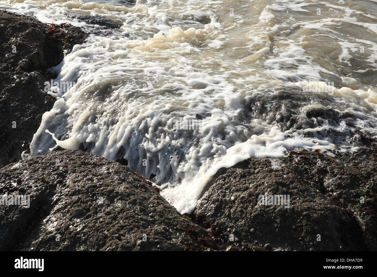 Wellen Runde Felsen am Ufer des Meeres Stockfoto