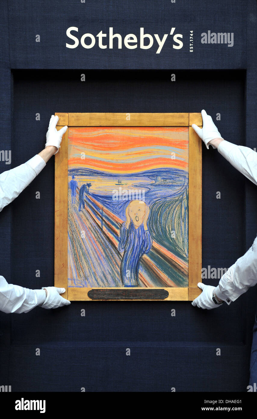 Iconic Meisterwerk "Der Schrei" von Edvard Munch geht auf dem Display bei Sotheby's London vor dem Schlafengehen unter Hammer in New York Stockfoto