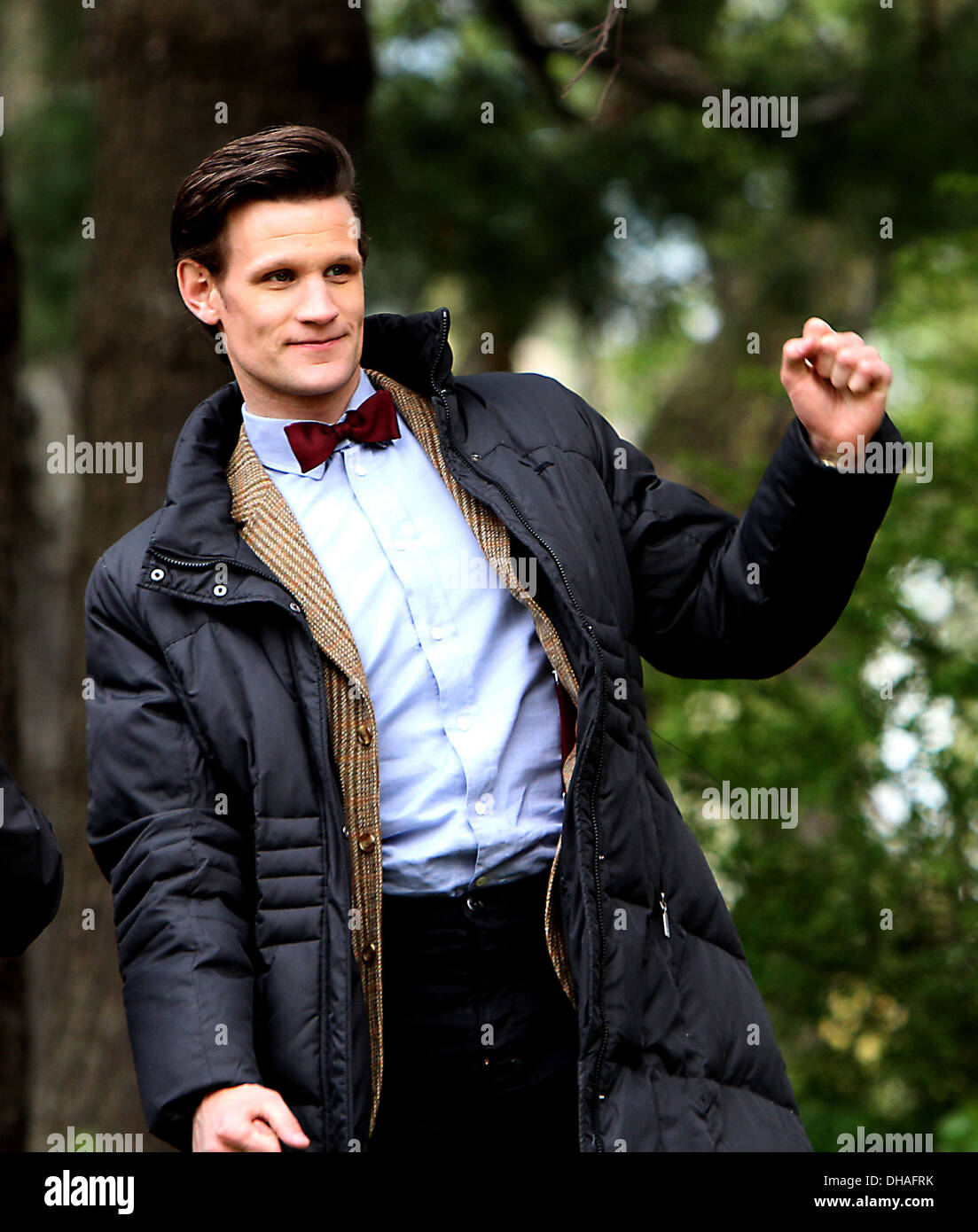 Matt Smith Dreharbeiten vor Ort für BBC TV-Serie "Doctor Who" Central Park New York City mit: Matt Smith wo: New Stockfoto