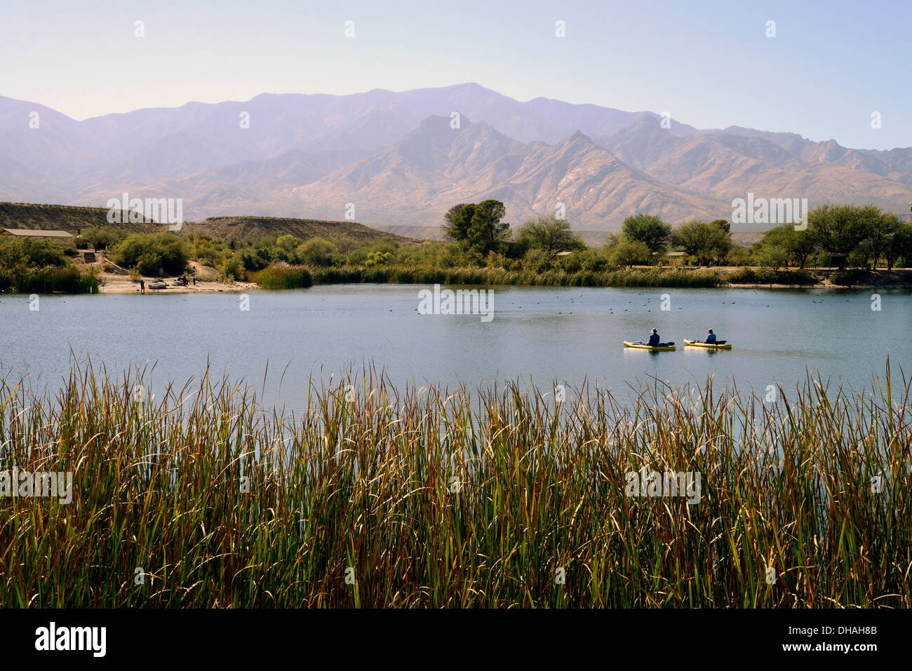 Kajakfahrer durchqueren Roper Lake im Roper Lake State Park in Graham County, Safford, Arizona, USA. Stockfoto
