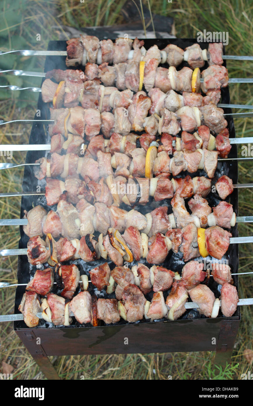 appetitlich Grill mit tollen Stücken von Fleisch auf dem Feuer Stockfoto