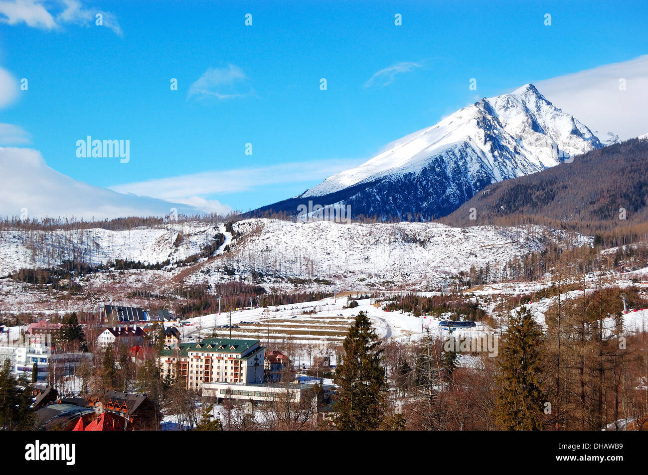 Der Blick auf HighTatras, Tatranska Lomnica, Slowakei Stockfoto