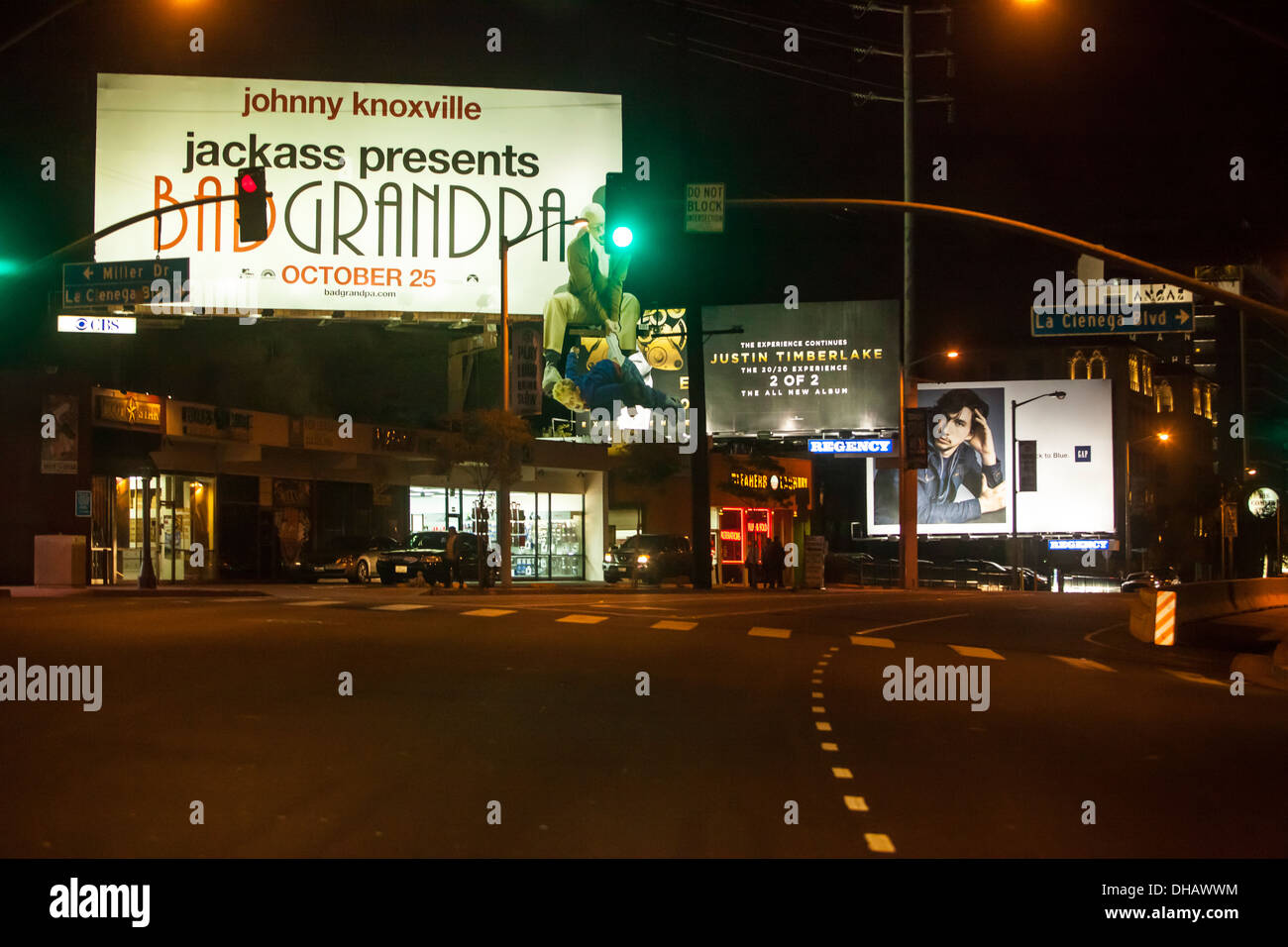 Sunset Boulevard in Hollywood bei Nacht Stockfoto