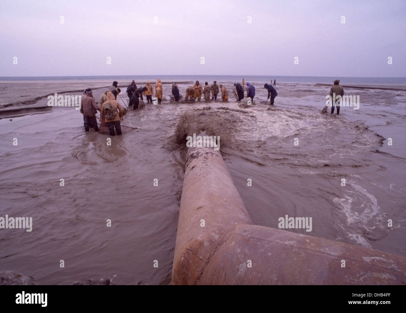 Männer mit Netzen stehen in der kalten Ostsee Wasser um das Abwasser Abfluss Rohr vom Palmnicken Bernstein Mine Spray Haus. Stockfoto
