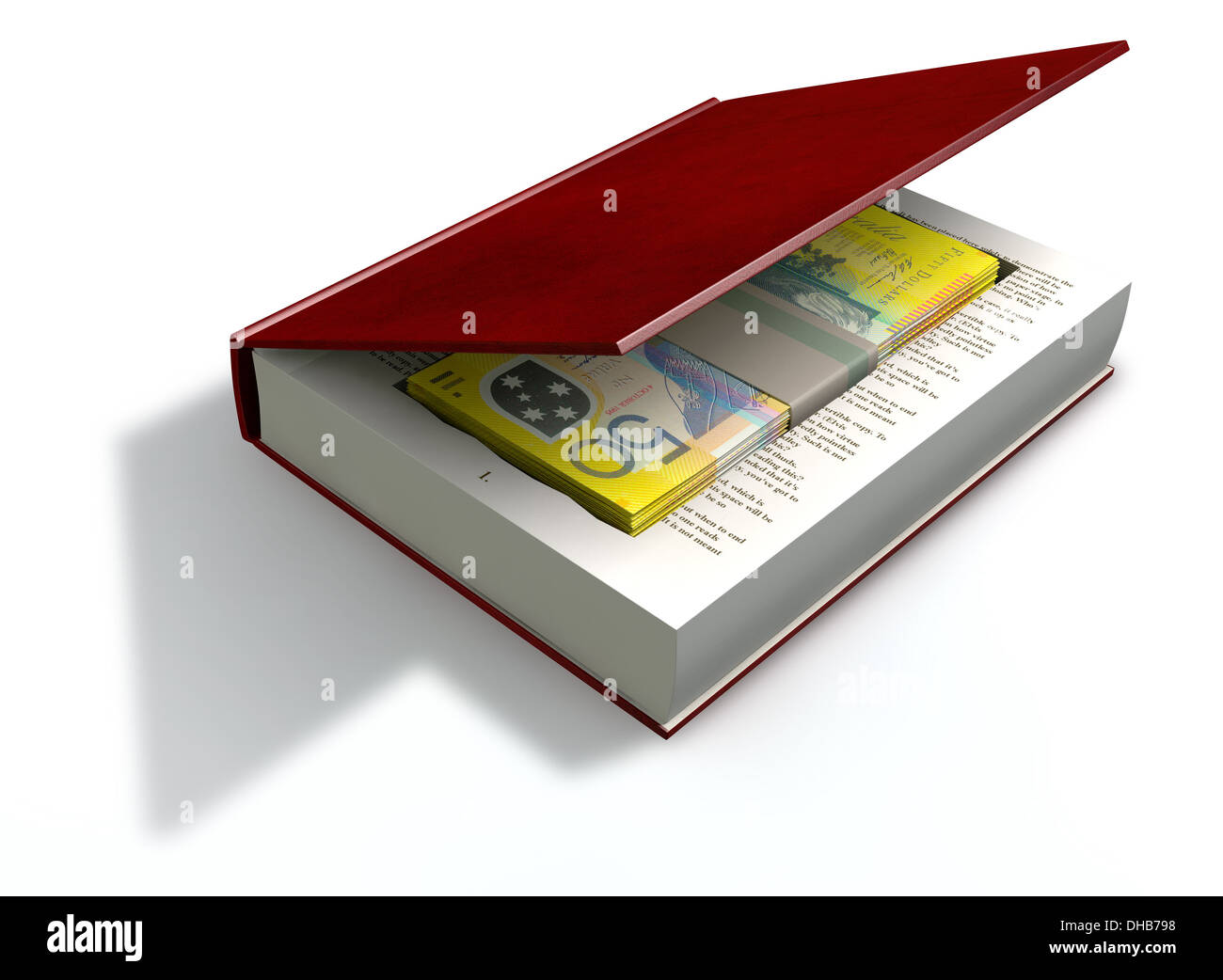 Eine rote Hardcover-Buch mit einem Cutaway-Bereich auf den Seiten verbergen einen Stapel von 50 australische Dollar-Banknoten Stockfoto
