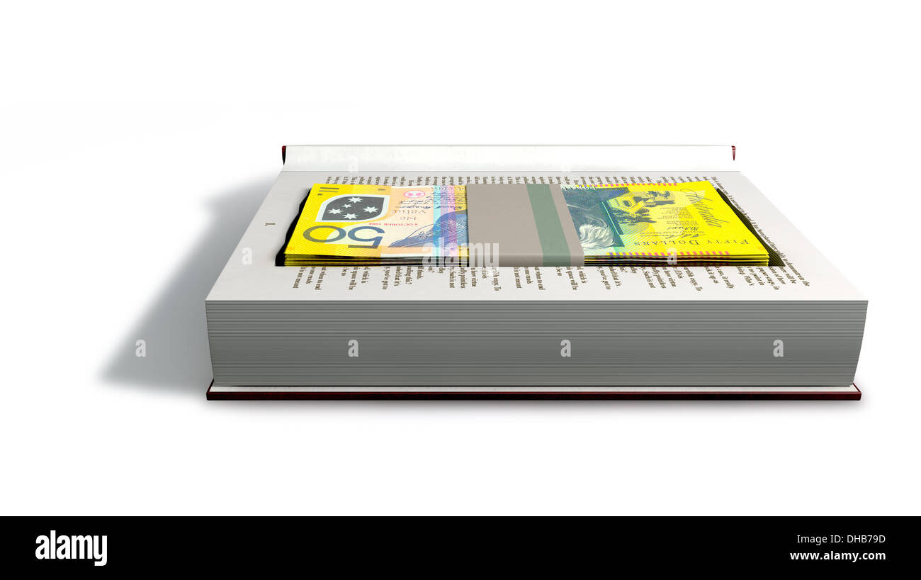 Eine rote Hardcover-Buch mit einem Cutaway-Bereich auf den Seiten verbergen einen Stapel von 50 australische Dollar-Banknoten Stockfoto