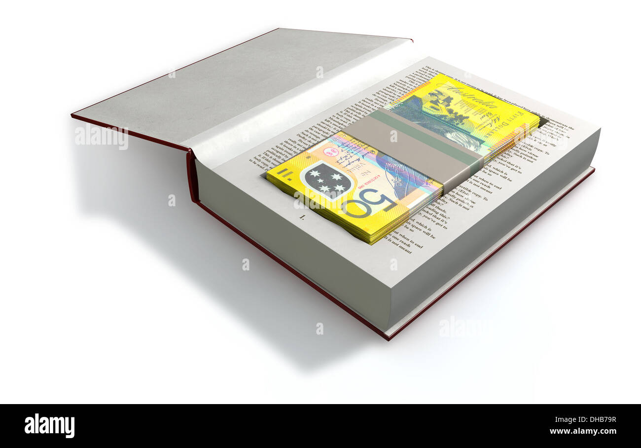 Eine rote Hardcover-Buch mit einem Cutaway-Bereich auf den Seiten verbergen einen Stapel von 50 australische Dollar-Banknoten Stockfoto