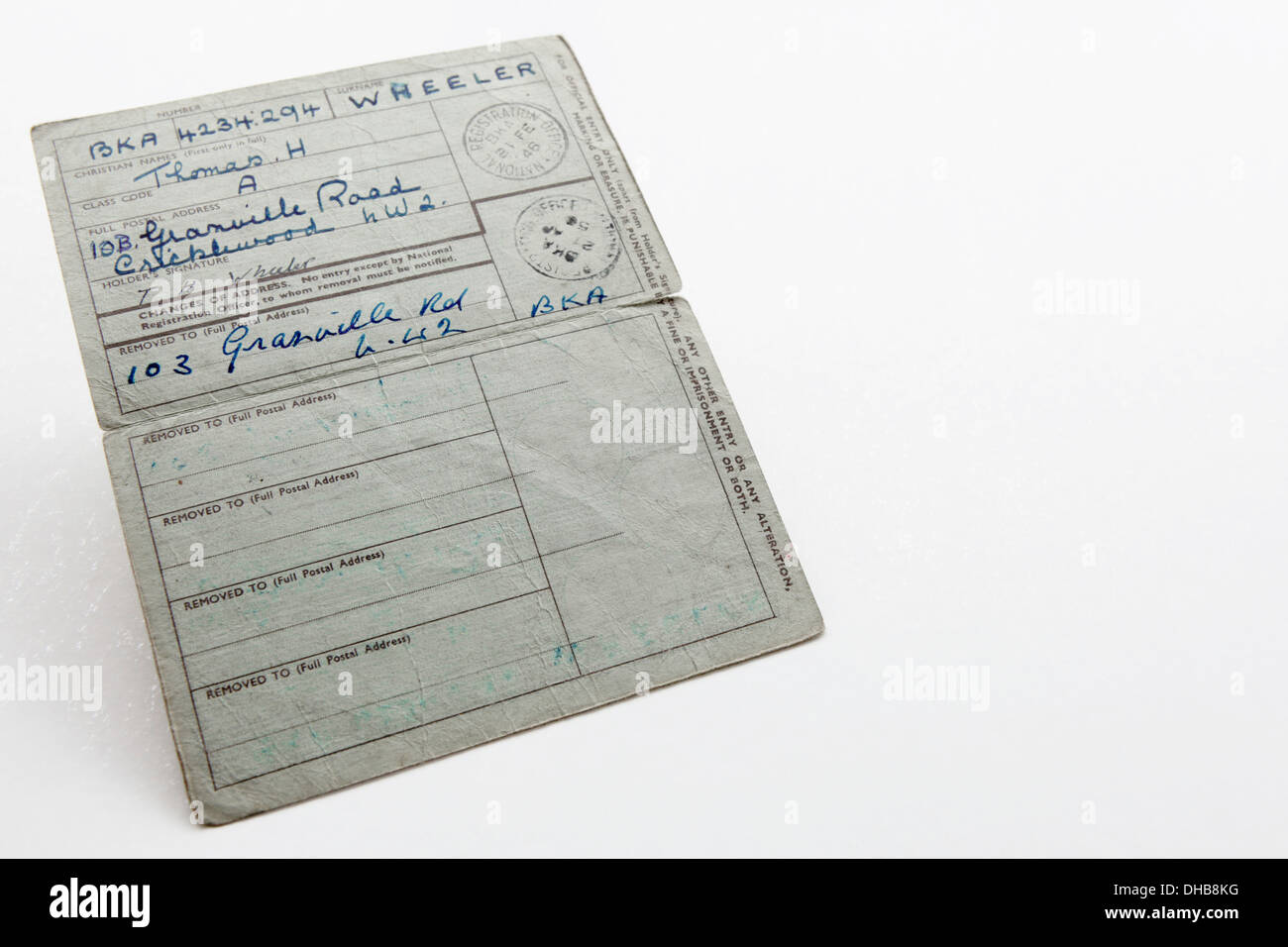 Wichtig WWII historisches Dokument/Dokumente im Zusammenhang mit Herrn Thomas Henry Wheeler, Großvater der Fotograf Peter Wheeler. Stockfoto