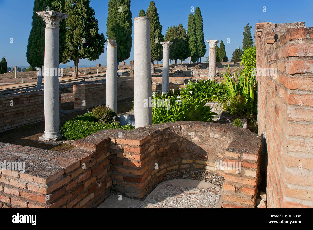 Triclinium, Haus der Vögel, römischen Ruinen von Itálica, Santiponce, Sevilla-Provinz, Region von Andalusien, Spanien, Europa Stockfoto