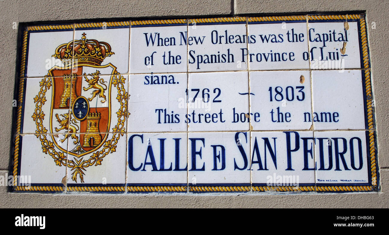 USA. Louisiana. New Orleans. Spanish Street Name Fliese-Wandbilder. "San Pedro Street". Stockfoto