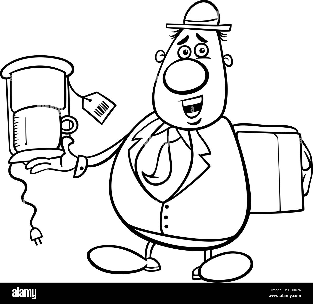 Schwarz / Weiß Cartoon Illustration lustig Verkäufer oder Bagman mit Kaffeemaschine für Malbuch Stockfoto