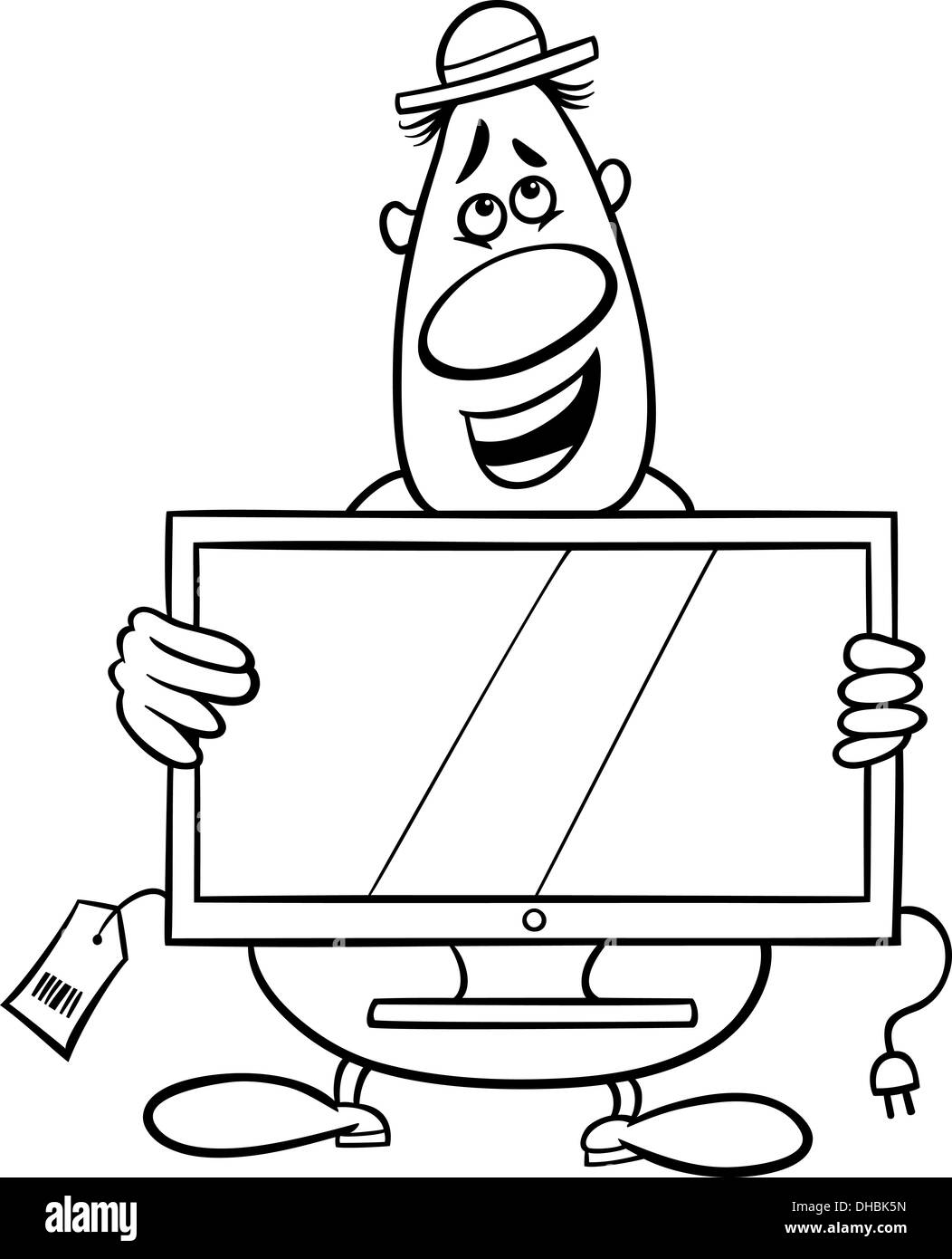 Schwarz / Weiß Cartoon Illustration lustig Verkäufer oder Bagman mit TV Set für Malbuch Stockfoto