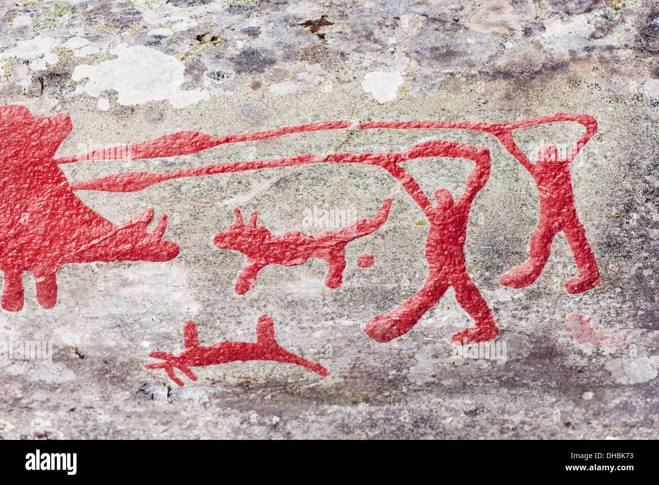 Rock-Gravur bei Himmelstalund eines Schwedens größte Sammlung von Felszeichnungen mit mehr als 1660 Bilder. Bronzezeit Stockfoto