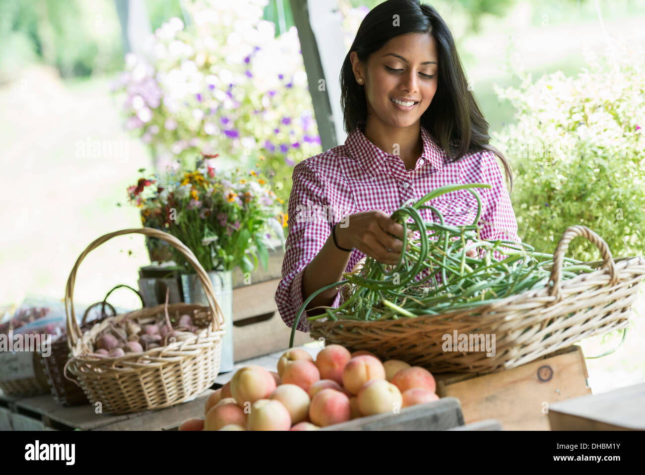 Ein Bauernhof Stand mit frischem Bio-Gemüse und Obst.  Eine Frau mit Trauben von Karotten. Stockfoto