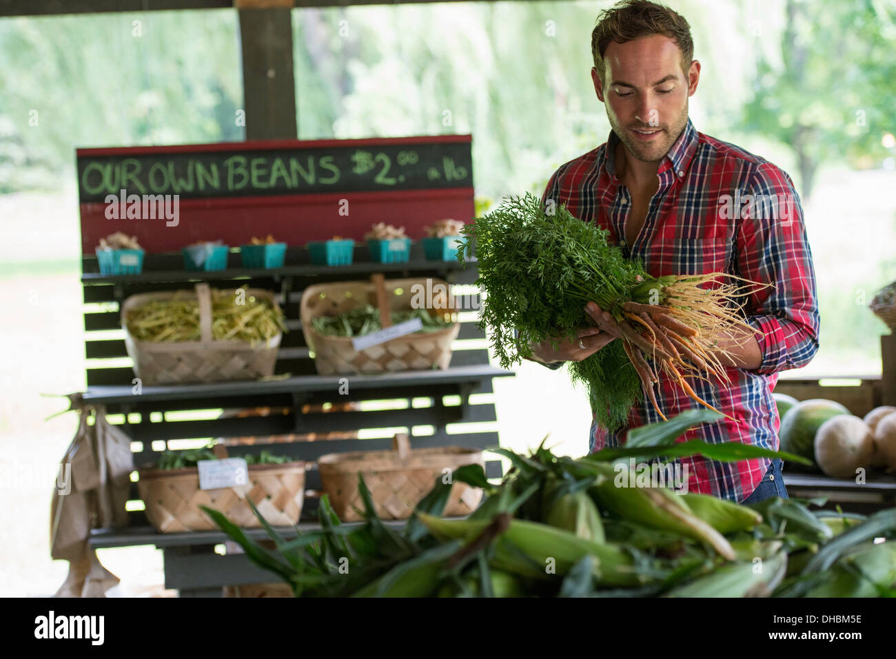 Ein Bauernhof Stand mit frischem Bio-Gemüse und Obst.  Ein Mann hält Bund Karotten. Stockfoto