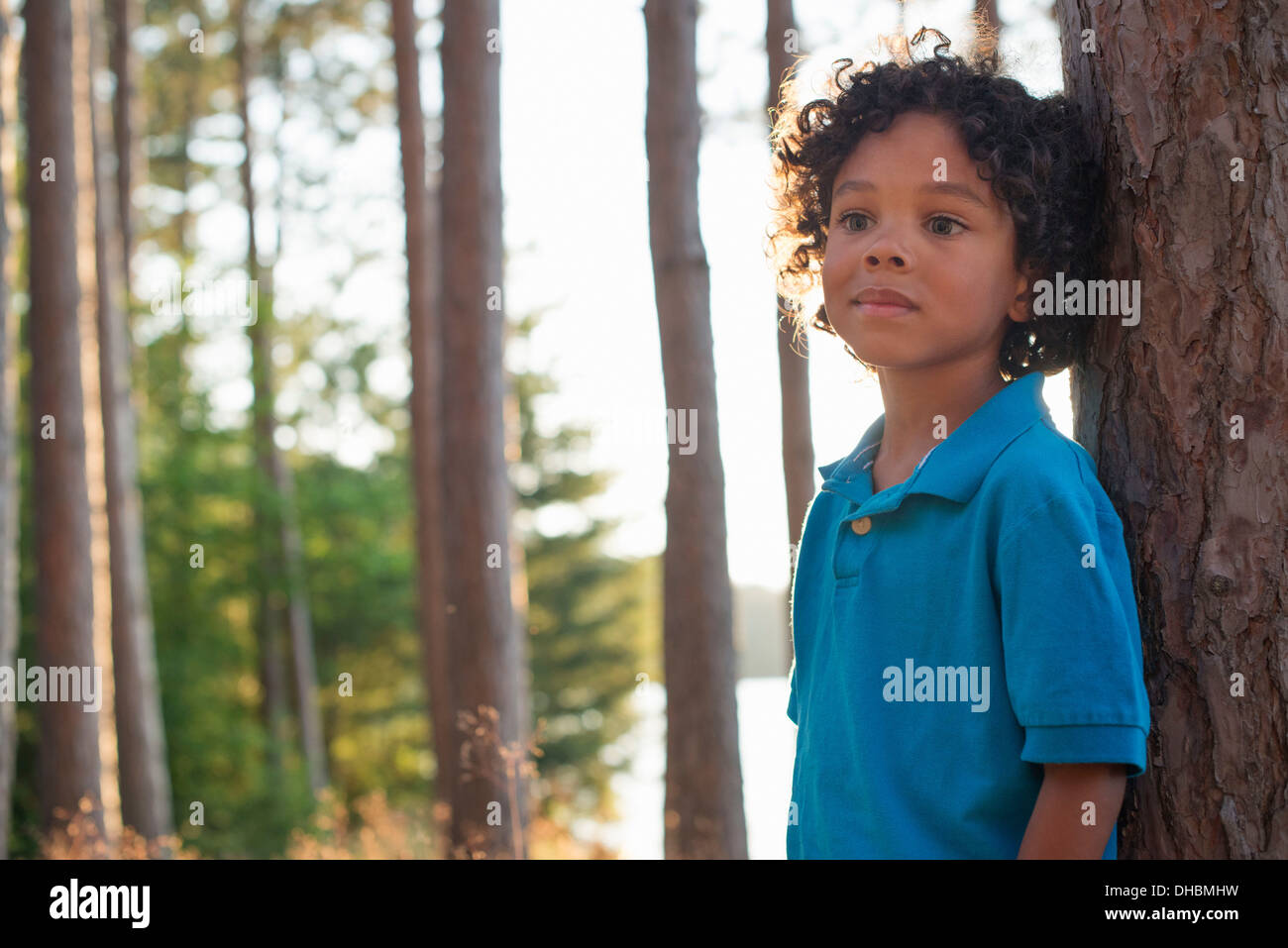 Bäume am Ufer eines Sees. Ein Kind unter den Bäumen stehen. Stockfoto